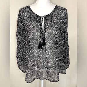 Joie Women 100% Silk Boho Blouse Top Shirt Size Medium Black Gray Floral
